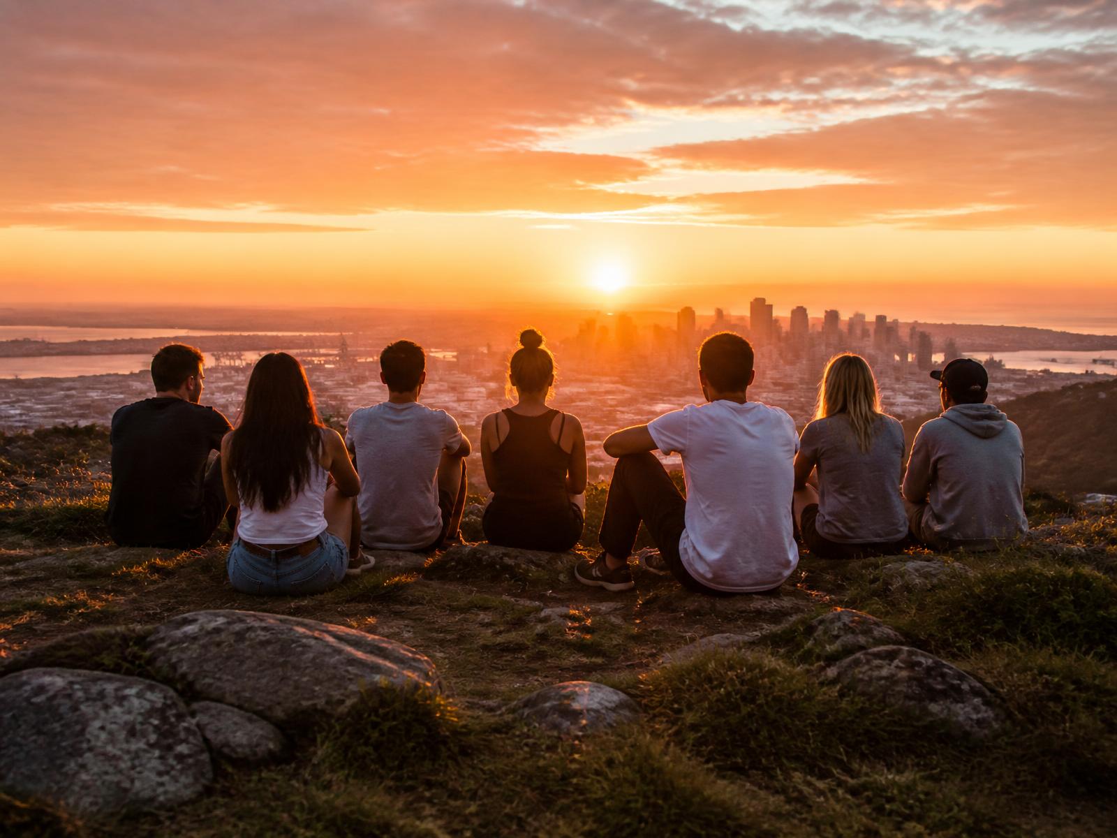A diverse group of young adults at sunrise, looking out over the city toward their future